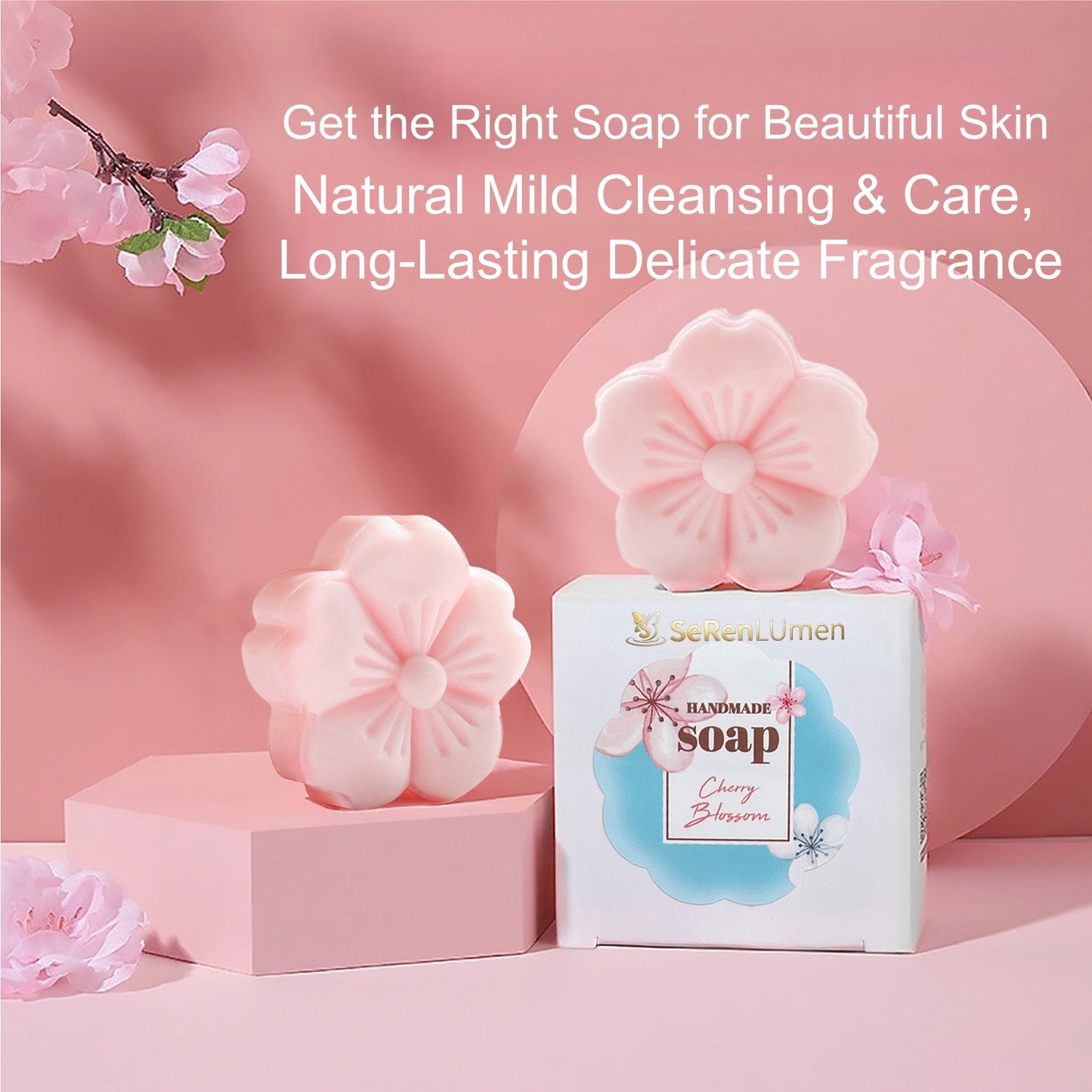 Premium Cherry Blossom Essential Oil Soap Hydrate Glow Skin Mild Wash Bar For Women Gift Set Bath Self Care